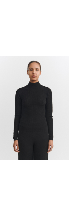 High Neck Pointelle Top, Black