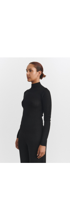 High Neck Pointelle Top, Black