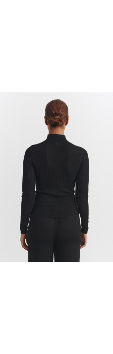 High Neck Pointelle Top, Black