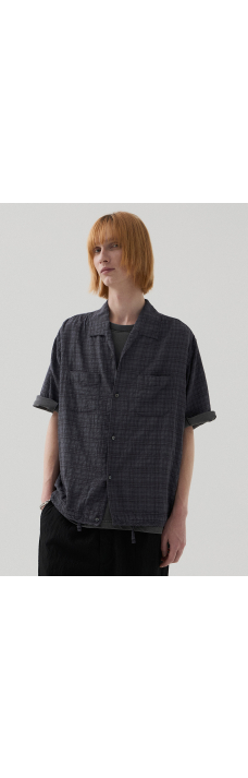 Open Collar Shirt, Blue Black Check